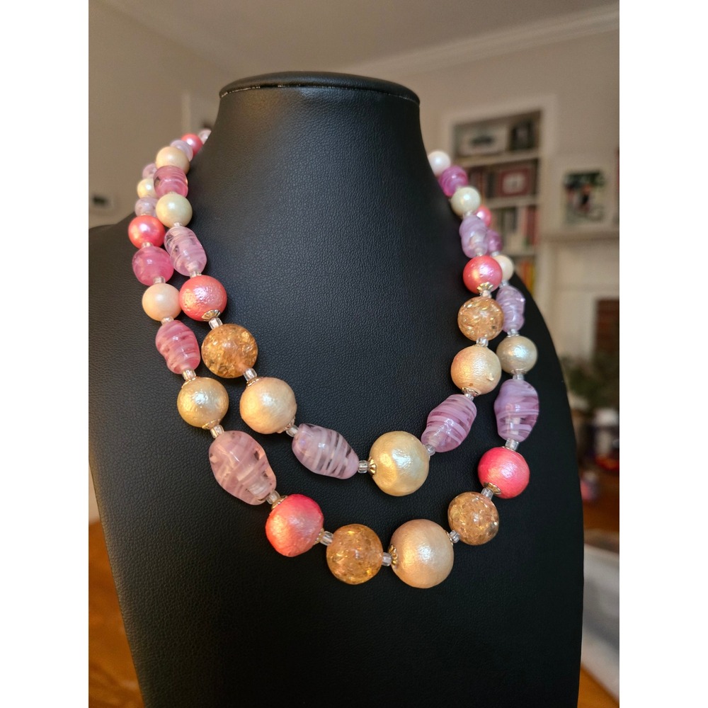 Japan 2 Strand Choker Necklace Art Glass Pink Swirl Plastic Beads Vintage